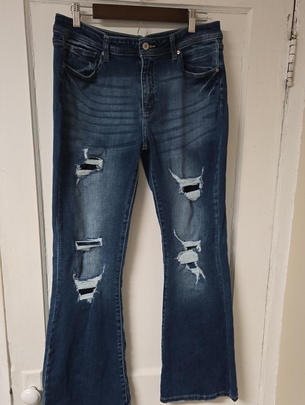 Kancan Women's Distressed Mid Rise Ripped Detail Flare Jeans 31